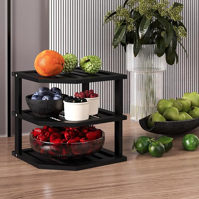 3 Tier Bamboo Corner Shelf(2 Pack),Dish Drying Rack,Plate Organizer,Kitchen Spice Rack for Countertop and Cabinet(Black)