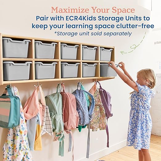 ECR4Kids Scoop Front Storage Bins, Multipurpose Organization, Light Grey, 10-Piece