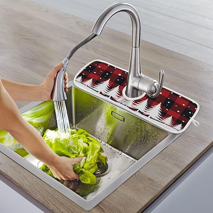 2 Pack Faucet Splash Catcher Christmas Tree Sink Mat for Faucet Absorbent Kitchen Splash Guard Drip Catcher for Farmhouse Barthroom Bar, M