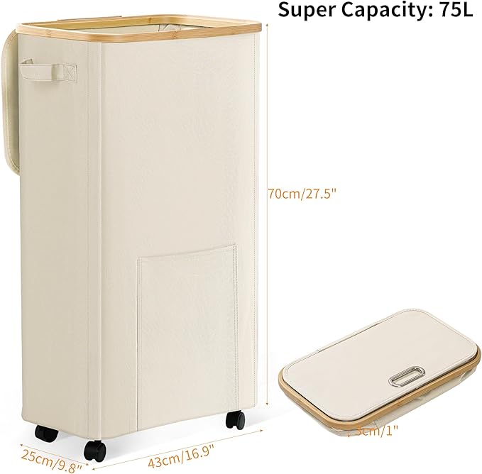Laundry Basket with Wheels, Dirty Clothes Hamper on Wheels, Rolling Tall Laundry Hamper with lid for Laundry Room, Dorm and Bathroom, 75L Beige