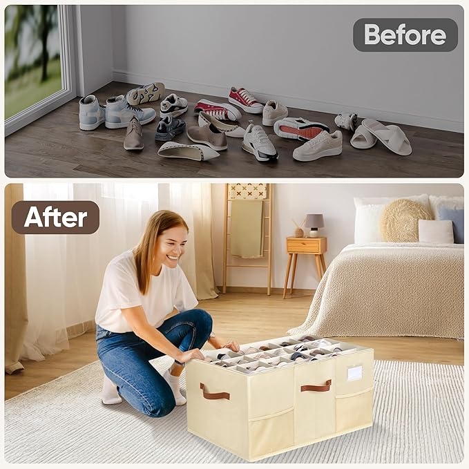 Shoe Organizer for Closet, 1 Pack Shoe Storage Container with Adjustable Dividers, Space Saving Shoe Box Storage Organizer Bin with Clear Lid and 4 Handles, Fits 12-24 Pairs, Beige