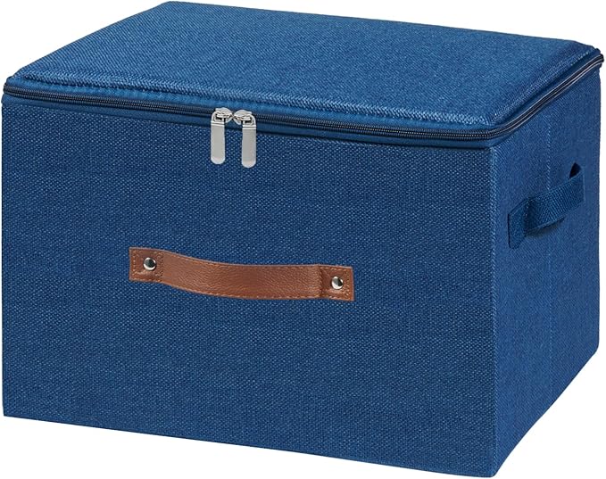 Storage Bins with Zipper Lid Foldable Fabric Lidded Storage Boxes Baskets Cubes Washable Collapsible PU Leather Handle Cotton Linen Shelves Closet Organizer Container(Dark Blue, Large Size)