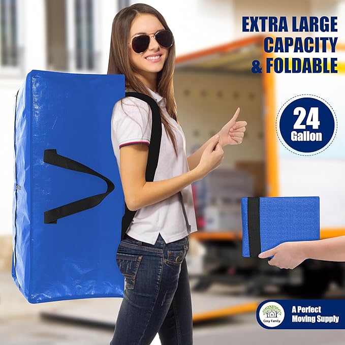 Cosy Family 4 Pack Heavy Duty Extra Large Moving Bags with Backpack Straps - Strong Handles & Zippers, Storage Totes For Space Saving, Fold Flat, Alternative to Moving Box (Set of 4, Multicolored)