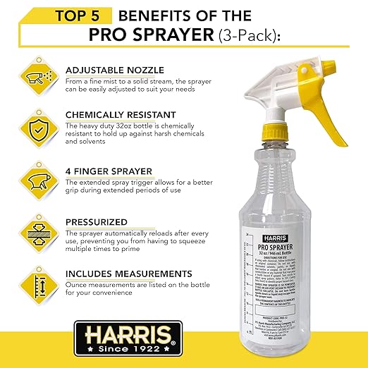 HARRIS Professional Spray Bottle 32oz (3-Pack), All-Purpose for Cleaning and Plants with Clear Finish, Pressurized Sprayer, Adjustable Nozzle and Measurements
