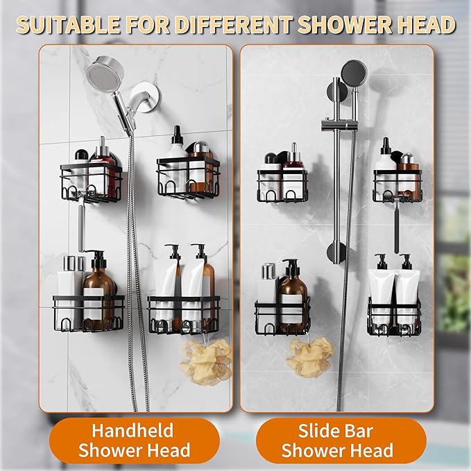 KEGII Suction Cup Shower Caddy 4 Pack, Universal Fit for All Showerheads, No Drill Bathroom Organizer with 36 Hooks & Razor Holder, Removable and Waterproof, Black