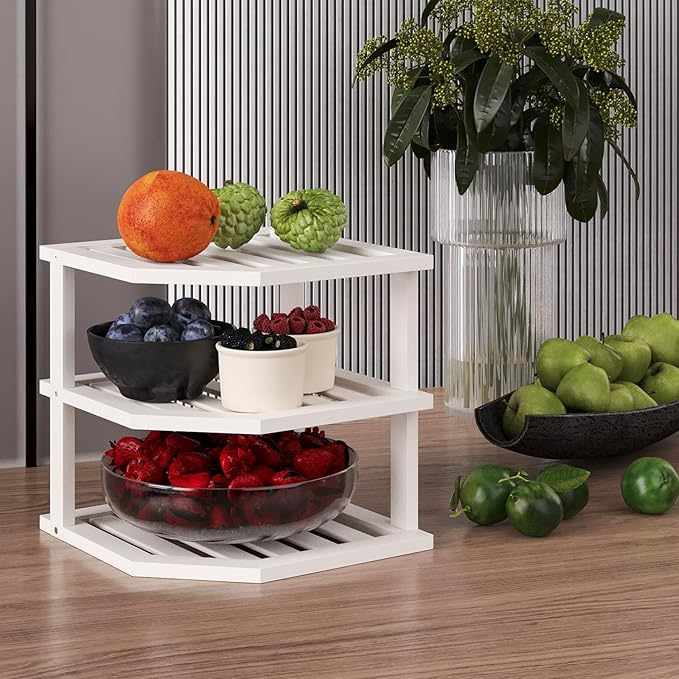 3 Tier Bamboo Corner Shelf(2 Pack),Dish Drying Rack,Plate Organizer,Kitchen Spice Rack for Countertop and Cabinet(White)