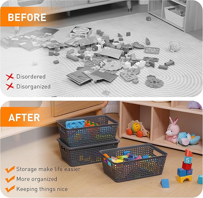 Plastic Storage Baskets With Lid, Storage Bins for Organizing, Stackable Decorative Containers for Shelves Drawers Desktop Closet Playroom Classroom Office, 8 Pack-Grey