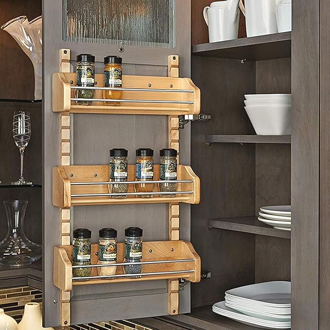 Rev-A-Shelf Pullout Wall Storage Organizer for Kitchen Cabinets, Sliding Door Mounted Spice Rack with 3 Adjustable Shelves, Maple Wood, 4ASR-18