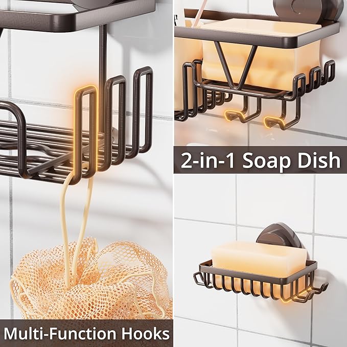 KEGII Suction Cup Shower Caddy – 3 Pack Suction Cup Shelf with Soap Holder & Hooks, Rustproof Stainless Steel Shower Organizer, Removable No Drilling Bathroom Storage Rack, Bronze
