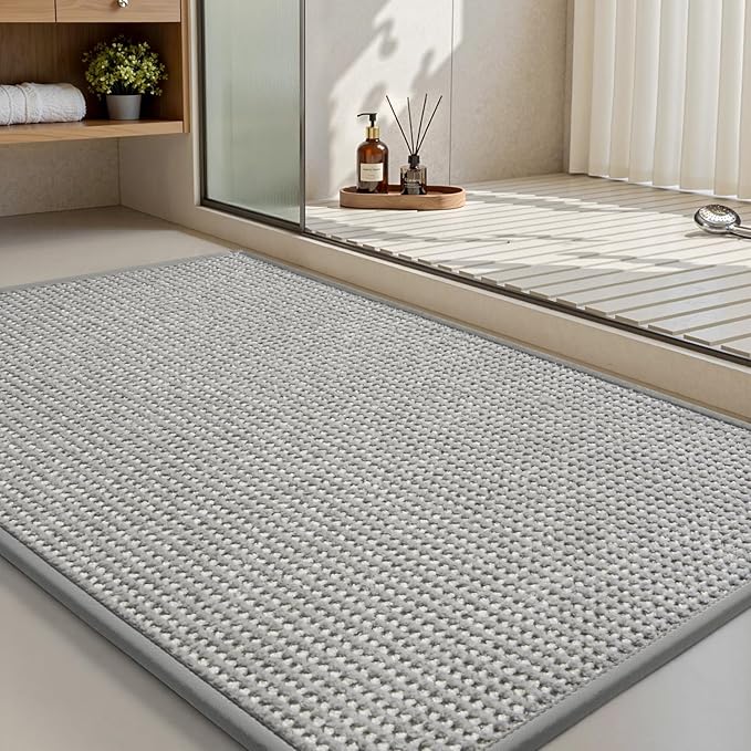 MontVoo Bath Mat,Chenille Absorbent Bathroom Mat Quick Dry Rubber Backed Bathroom Rugs Non Slip Washable Bath Mats,Ultra Thin Bathroom Rugs Fit Under Door,20"x32",Grey