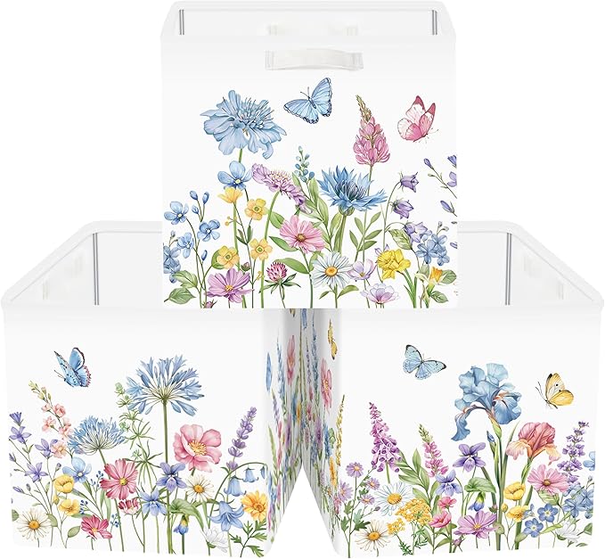 Clastyle Flowers Storage Cube Organizer Set Handle Closet Clothes Cube with Metal Frame Foldable Parents Organizer Storage Basket for Book Toy,Blue Flowers,11.8x11.8x11.8 in