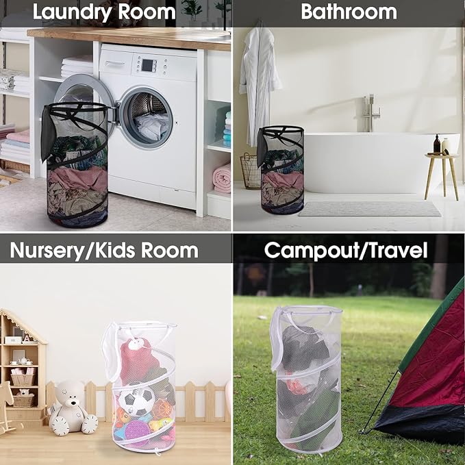 BATTOO 2 Pack Large Collapsible Laundry Basket with Lid Foldable Mesh Pop Up Hamper with Handles for Laundry Room, Bathroom, Kids Room, College Dorm, Travel, Storage Organizer Black+White