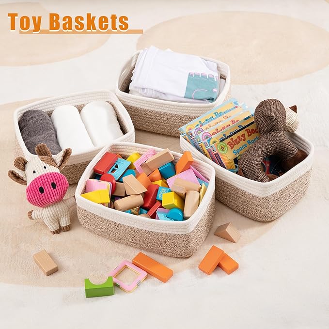 OIAHOMY 4 Pack Storage Baskets for Organizing, Small Bins for Shelves, Cute Decorative Storage Bins, Organizer Baskets for Gifts Empty,13''Lx8.7''Wx5.1''H, Brown/White