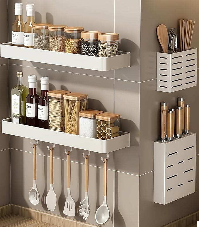 SEIDO Space-Saving Kitchen Utensil Holder | No-Drill Shelf Organizer | Wall Mount Spice Rack with Hooks | Space Aluminum | 16 Inch Long | White