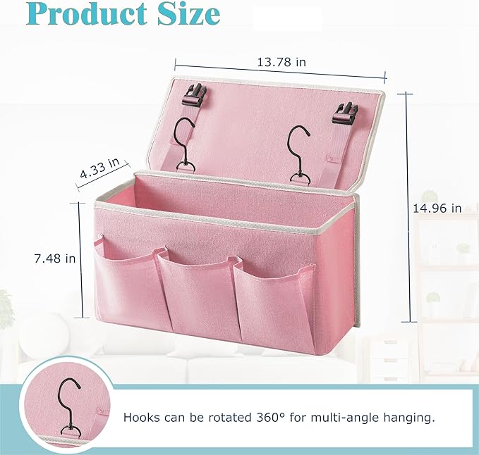 Bedside Caddy / Bedside Storage Organizer Hanging Bag with Three Options,Suitable for home beds, sofas, and dormitory beds—can hold magazines, books, phones, iPads, remote controls. (2-Pack Pink)