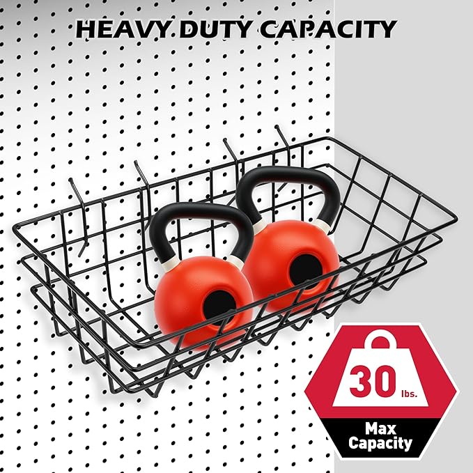 5-Piece Pegboard Baskets Set - Heavy Duty Peg Board Organizer Accessories Bin Set, Premium Black Metal Wire Baskets Tool Shelves, Wall Mount Storage for Garage Workshop Craft Room