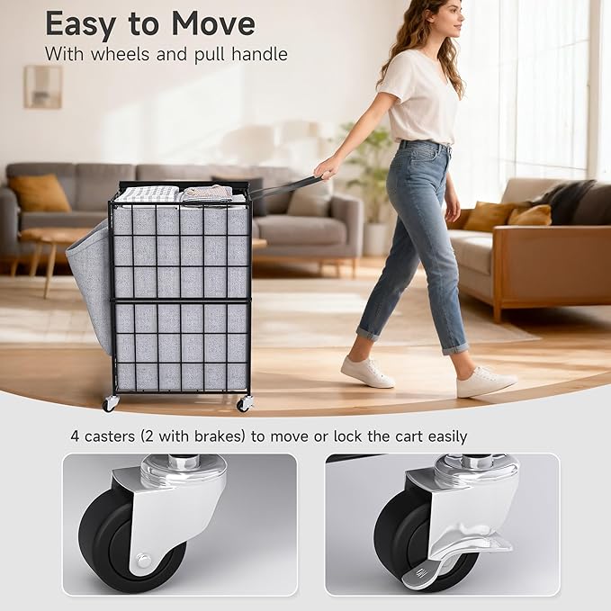 90L Laundry Basket with Wheels, Large Capacity Laundry Hamper with Removable Liner Bags, Heavy Duty Laundry Sorter with Solid Wood Lid & Leather Handles (Grey) TLH001G01