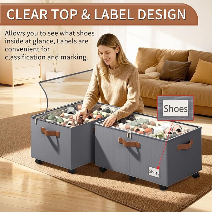 Shoe Organizer for Closet, Shoe Storage Organizer with Wheels and Adjustable Dividers, Stackable Shoe Storage Box with Clear Cover, Foldable Closet Shoe Organizer Fits up to 24-48 Pairs, Gray