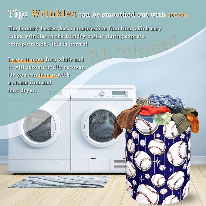 Baseball Pattern Laundry Basket Baseball Laundry Hamper Foldable Oxford Cloth Sports Funny Tote Bag Clothes Toy Storage Bucket For Bathroom/Laundry Storage/Bedroom 18.9 x 16.5 Inch