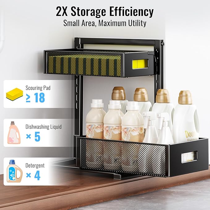 TISTAYA 2 Pack Under Sink Organizer and Storage, Metal Under Kitchen Sink Organizer, Slide Out Bathroom Organizers and Storage, Undersink Organizers for Kitchen Bathroom Cabinet