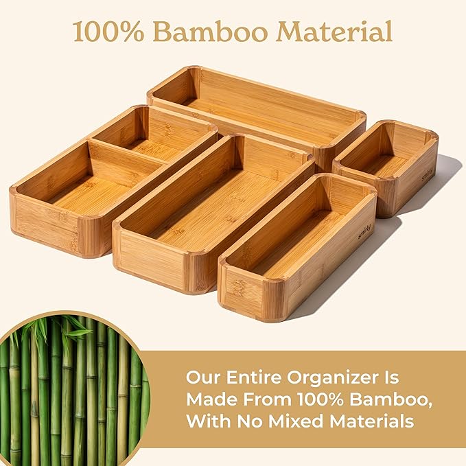 SMIRLY 5-Piece Bamboo Kitchen Drawer Organizer Set for Large and Small Utensils, Multi-use Storage Box - Bathroom, Nightstand, Jewelry, Cutlery, Knife, Spice, Towel, Junk Drawer Tray (Pack of 2)
