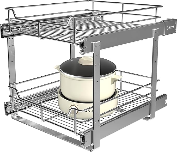 JOWBOOW 2-Tier Pull Out Cabinet Organizer (17.5" W x 22" D), Pull Out Shelves and Drawer for Kitchen Pantry Storage Basket, Heavy-Duty Metal Sliding Shelf, Chrome Finish