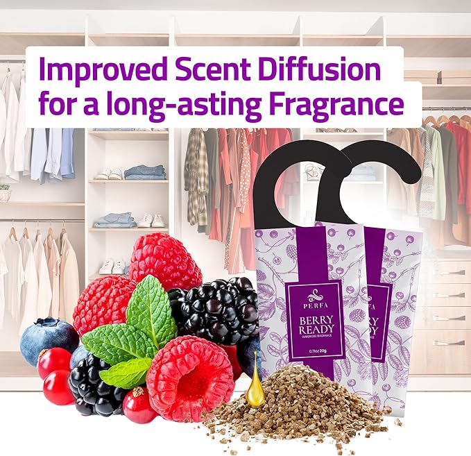 Berry Closet Deodorizer Odor Eliminator | Lasts 4 Months (6 Pack) | Scented Wardrobe and Closet Freshener Odor Eliminator | Eco-Friendly | Drawer Sachets and Small Space Air Freshener by Perfa