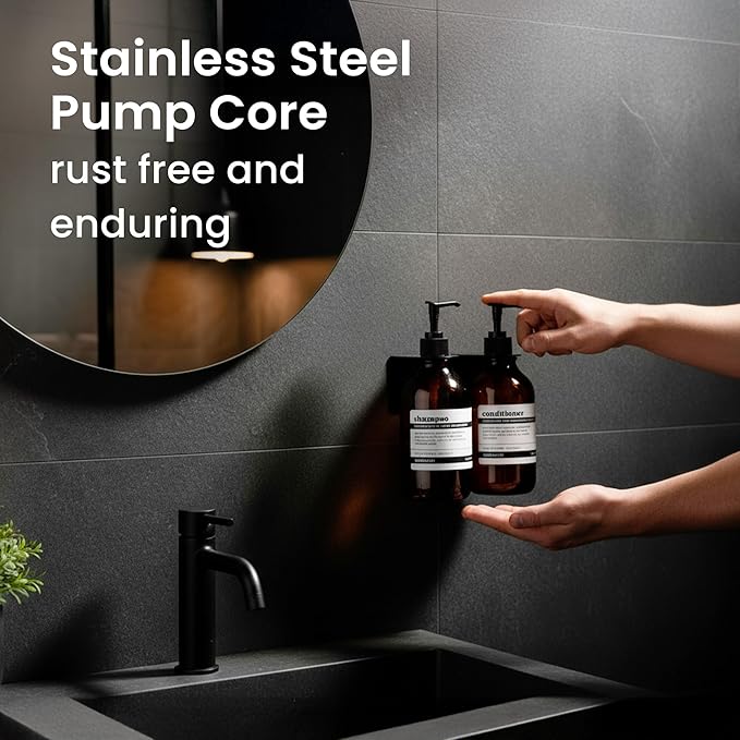 MaisoNovo Shampoo and Conditioner Dispenser - Shower Soap Dispenser Wall Mounted - 16.9 fl oz Set of 2 Amber Plastic Bottles Black Pump - Shampoo Dispenser, Shower Dispenser 2 Chamber No Drill