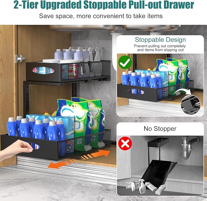 Housolution 1 Pack Large Under Sink Organizer, 2 Tier Metal Pull Out Under Sink Storage with Sliding Mesh Drawers, Height Adjustable Slide Out Under Cabinet Organizer for Kitchen Bathroom, Black