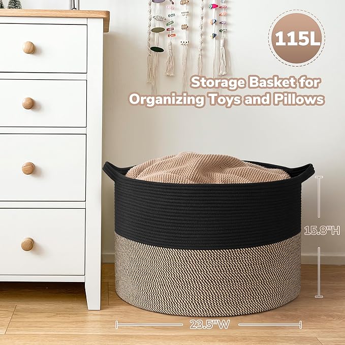Goodpick 115L Extra Large Blanket Basket, 23.5"x23.5"x15.8" Woven Rope Basket for Storage, Kids Toy Storage for Nusery Room