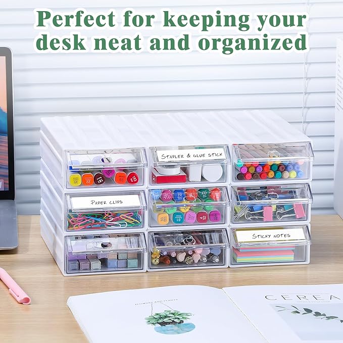 9 Pcs Stacking Office Drawer Organizers - Desktop & Wall Mounted 9 Drawer Storage Closet with 18pcs Clear Dividers Multifunctional Organizer Rack with 9pcs Tag Card for Home Small Items