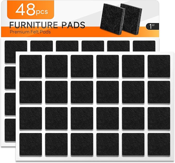 48 PCS Felt Furniture Pads, 1-inch Square Black Chair Felt Pads, Felt Pads for Furniture Feet to Protect The Floor from Scratches,Reduce Noise