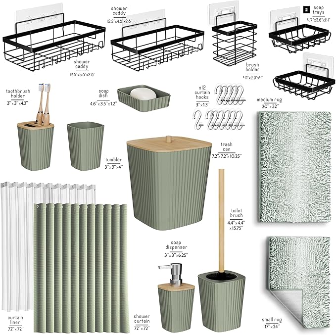 Clara Clark Bathroom Accessories Set - 27PC Bathroom Set with Adhesive Corner Shower Caddy Hanging, Bathroom Sets with Shower Curtain and Rugs, Ombre Sage Green Shower Curtain Set with Trash Can