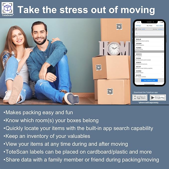 Intelligent QR Labels for Organization/Moving/Storage (48 Unique Labels, 1.5"x1.5")