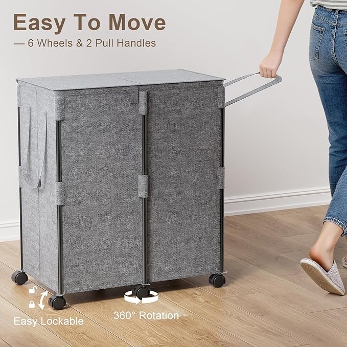 Chrislley 140L Large Double Laundry Hamper with Lid and 6 Wheels, Rolling Laundry Basket with 2 Removable Bags, Heavy Duty Metal Frame Laundry Cart, Dirty Clothes Hamper for Bathroom, Bedroom (Grey)