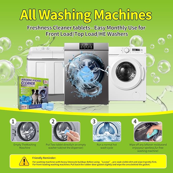 Washing Machine Cleaner Tablets - Deep Cleans & Descaler for Front Load and Top Load Washers, HE Compatible, 24 Pack Formulated for Pet Owners