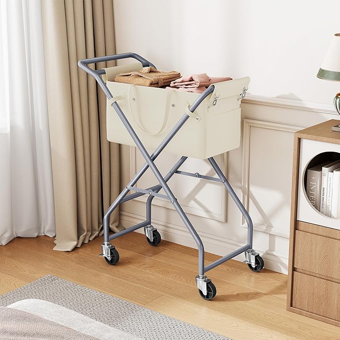No-Bend Laundry Cart- Rolling Hamper with Locking Wheels & Handle, Foldable Basket Screw-Free Assembly, Durable Metal Frame & Removable Liner Bag for Bedroom & Bathroom (Beige)