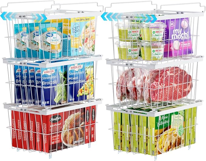 iSPECLE Freezer Organizer Bins - 6 Pack Adjustable Width for 5 to 7 Cu.Ft Chest Freezers, Stackable Wire Storage Baskets, Assembly Required, White