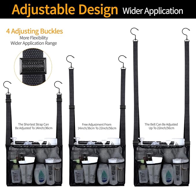 GUMQDD 4 Storage Pockets Adjustable Hanging Mesh Bathroom Bag, Shower Caddy College with Hooks, Applied to College Dorm Rooms, Gym, Swimming and RV Travel (Black)