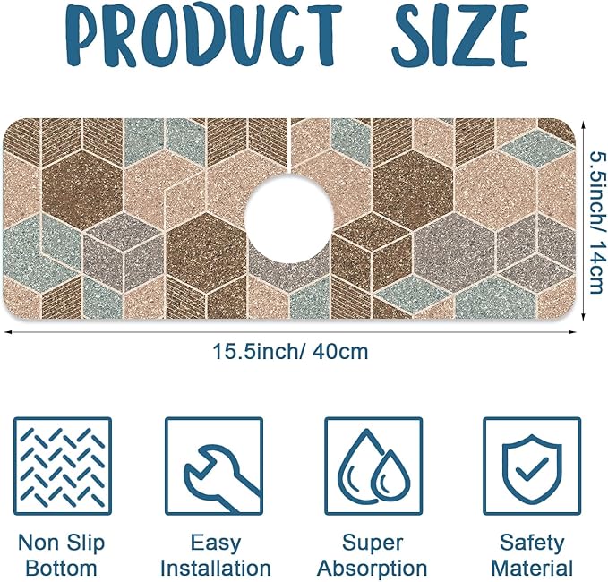 Geometry Blocks Sink Splash Guard Glitter Geometry Faucet Absorbing Mat Fast Drying Mat Sink Gadgets Splash Guard Behind Faucet Drip Catcher for Kitchen Bathroom, 15.5"x5.5"