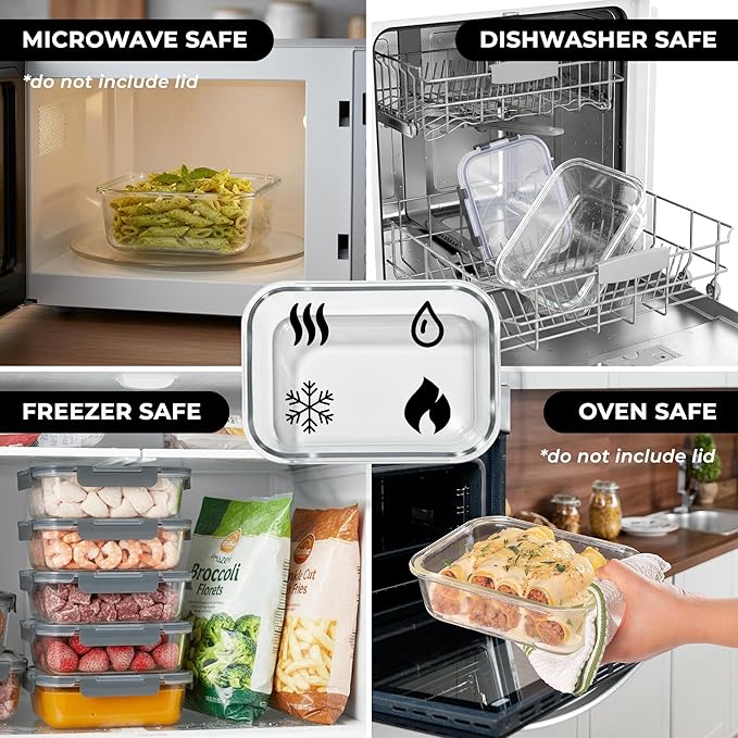 Zulay Kitchen 5 Piece Large Glass Tupperware Container Set with Lids - Premium BPA Free Borosilicate Glass Food Storage Containers - Leak-Proof Meal Prep - Microwave, Freezer & Oven Safe - Gray