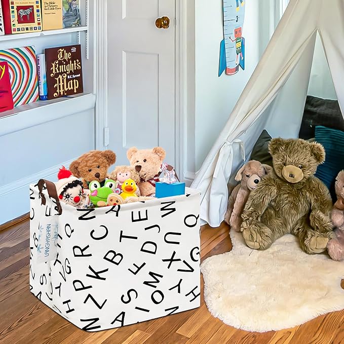 LANGYASHAN Square Storage Baskets Waterproof Canvas Children Laundry Nursery Hamper for Shelves Gift Baskets Toy Organizer Room Decor (Square alphabet)