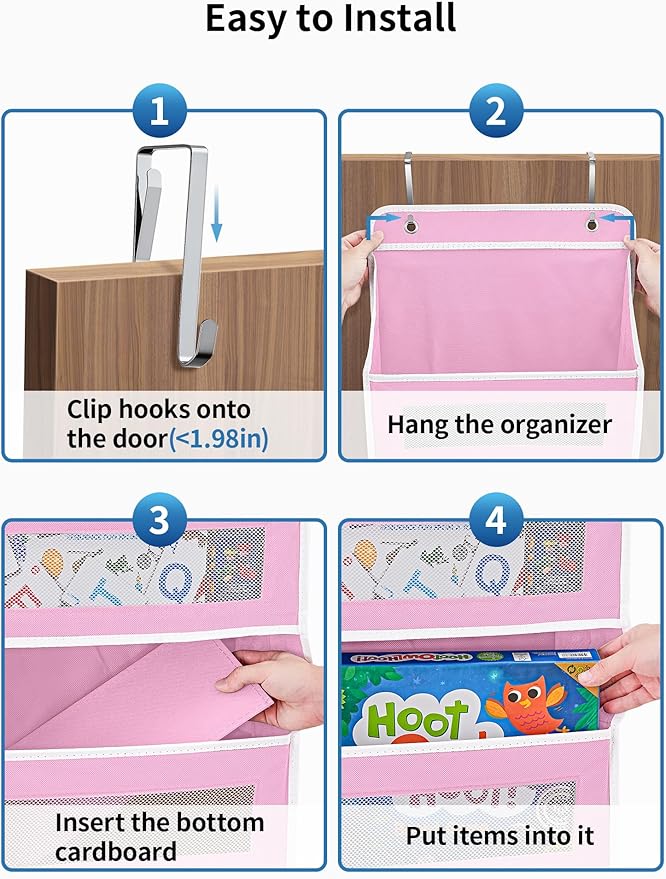 JARLINK 2 Pack Over The Door Organizer Storage, 5 Shelf Hanging Door Organizer with 5 Large Capacity Pockets, Anti Tilt 44 lb Load Behind Door Storage for Bedroom, Bathroom, Pantry, Nursery, (Pink)
