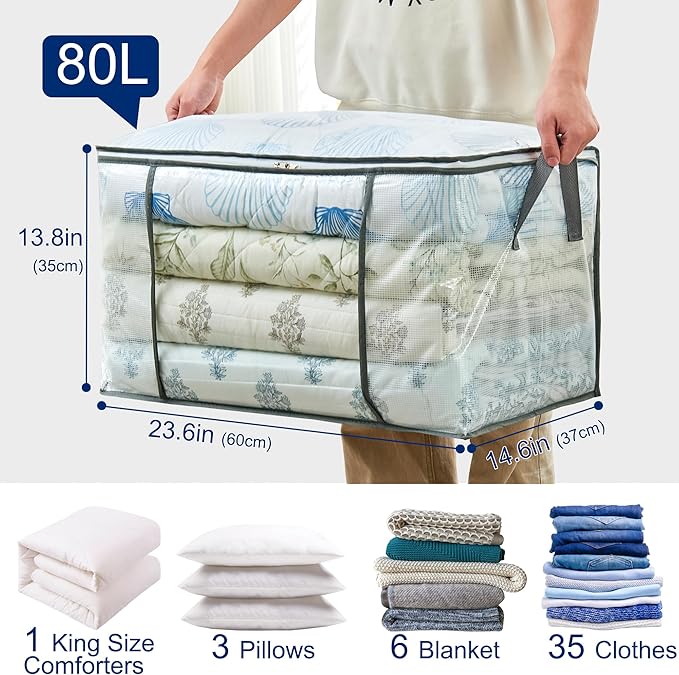 80L Clear Large Storage Bag, Clothes Storage Containers for Organizing Closet, Bedroom, Underbed, Comforters, Clothing, Blankets, Pillow, Foldable Organizer with Sturdy Handle and Zippers (8)
