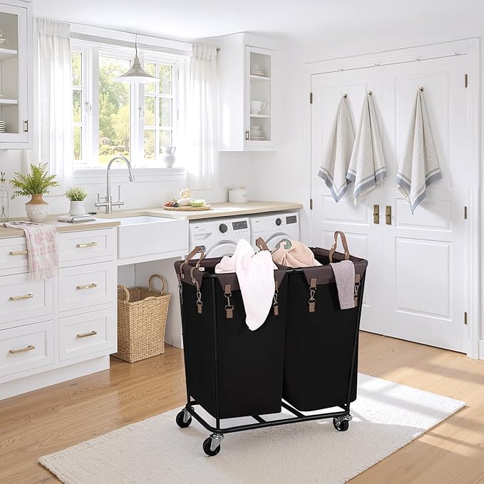 StorageWorks 280L Large Laundry Hamper with Wheels, Laundry Basket with Wheels 2 Sections, Clothes Sorter Cart with Divider for Hotel, Home, Black, 1-Pack