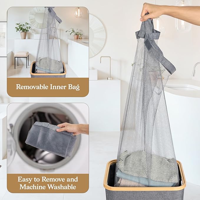 Laundry Baskest with Lid, 100L Large Tall Laundry Hamper with Removable Bag, Collapsible Laundry Hamper for Bedroom, Bathroom, Dorm, Laundry Room, Grey