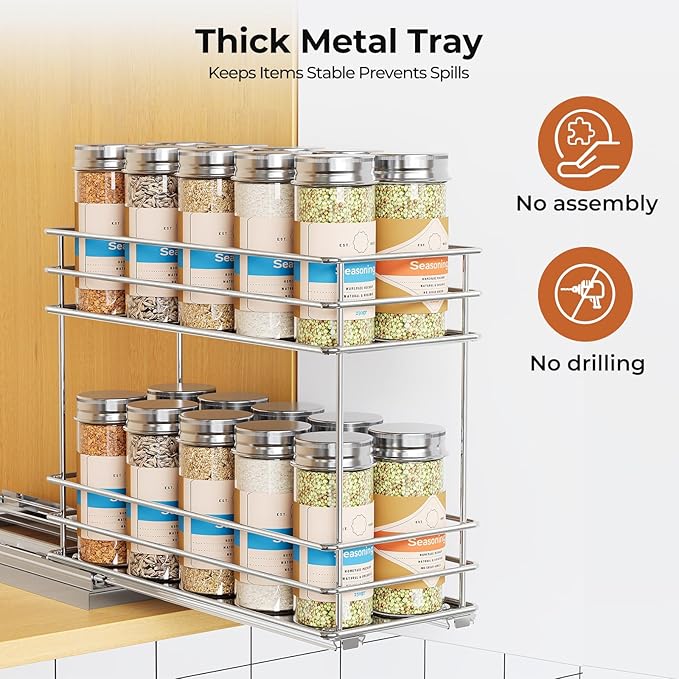 Pull Out Spice Rack Organizer for Cabinet, Slide Out Spice Racks, Easy to Install, 4.33" Wx10.43 Dx8.66 H, 1 Drawer 2 Tiers(Silver)
