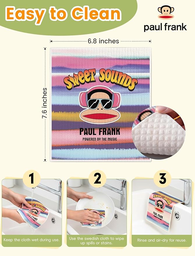 Paul Frank Swedish Dishcloths for Kitchen, 6 Pack Funny Swedish Dish Cloths Reusable Paper Towels, Super Absorbent Dish Cloths Washable Non-Scratch for Home Kitchen, Cellulose Sponge Cloths No Odor