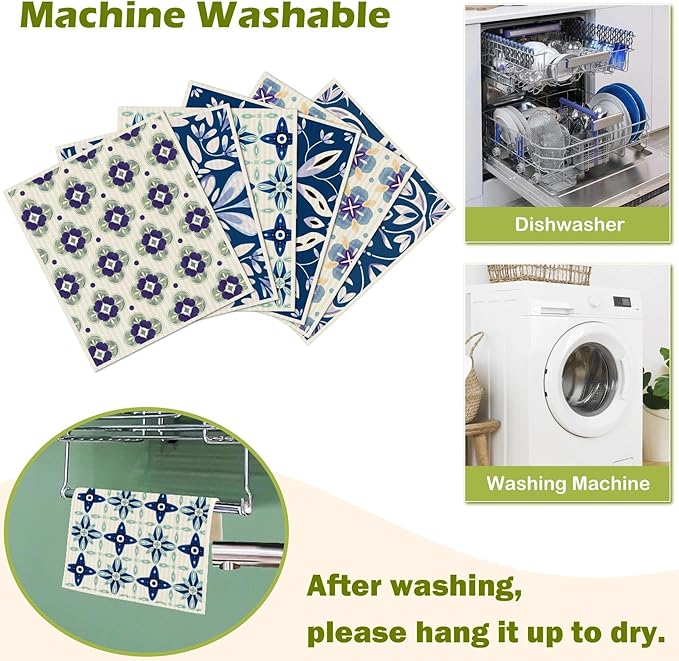 6 Packs Swedish Paper Cloths for Kitchen, Reusable Paper Towels Washable Dish Rags, Highly Absorbent Kitchen Towels Quick Drying Swedish Sponge Cleaning Dish Cloths (Blue Ornamentation)