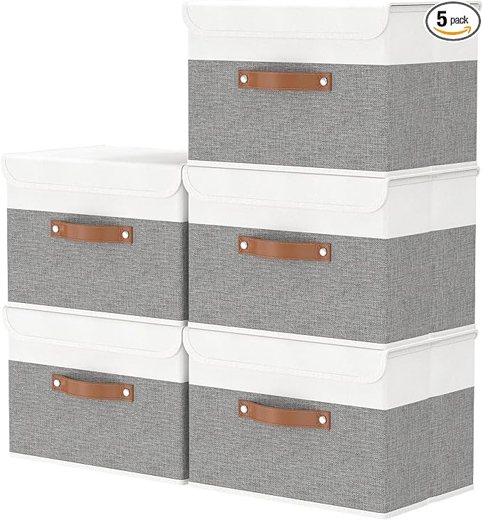OUTBROS Storage Box with Lid Large, Linen Fabric Wardrobe Containers, Collapsible Organiser For Towels, Clothes, 17.7 x 11.8 x 11.8 inch (White/Grey, 5-Pack)